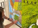 One caption under both photos: Dana Serfass pushes a pin in the map for Eagle River, Alaska. She’s the first educator from the state to attend a TI.