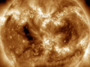 There are no significant coronal holes on the Earthside of the Sun. [Photo courtesy of SDO/AIA]
