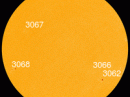 New sunspot AR3068 has tripled in size since yesterday. It merits watching as a possible source of future activity. [Photo courtesy NASA SDO/HMI]